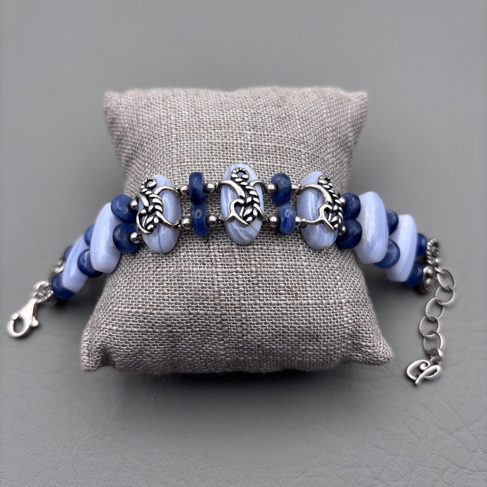 Vintage Carolyn Pollack Half Moon Bay Link Bracelet 925 Blue Lace Agate Kyanite